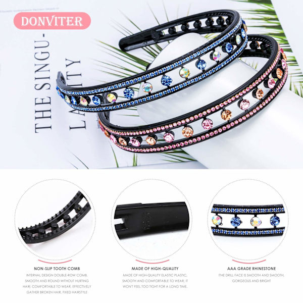 Rhinestone Crystal Hårband, Dubbel rad halkfria tänder stretchig plast hårband, bekvämt och glittrande hårband