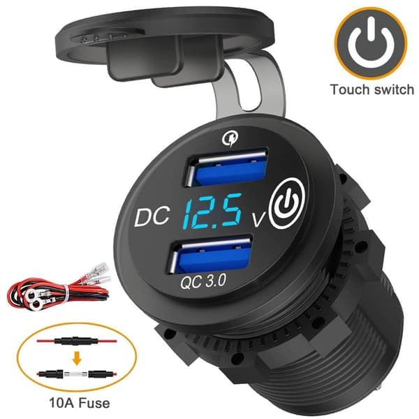 Quick Charge 3.0 Dobbelt Oplader med LED Voltmeter til Bil, Båd, Lastbil, Golfvogn, Autocamper osv.