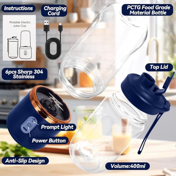 400 ml elektrisk bærbar blender, smoothieblender, mini bærbar blender, børster og 6 blader, bærbar blender