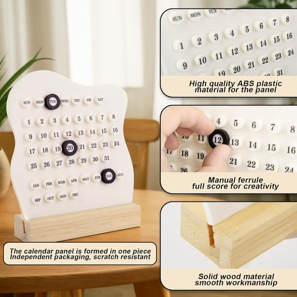 Retro Skrivbordskalender, Skrivbordsställ i Trä, Evighetskalender, Montessori Kalender, Datumplanerare, Månad Vecka Datum (Vit)