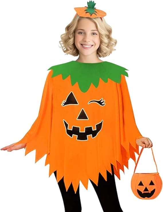 Græskarkostume til kvinder voksne - Halloweenkostumer Poncho med pandebåndstaske