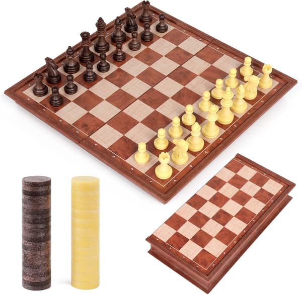 Schack- och damspel 2 i 1 - Magnetiska schackpjäser - Hopfällbart reseschackbräde (25x25cm)