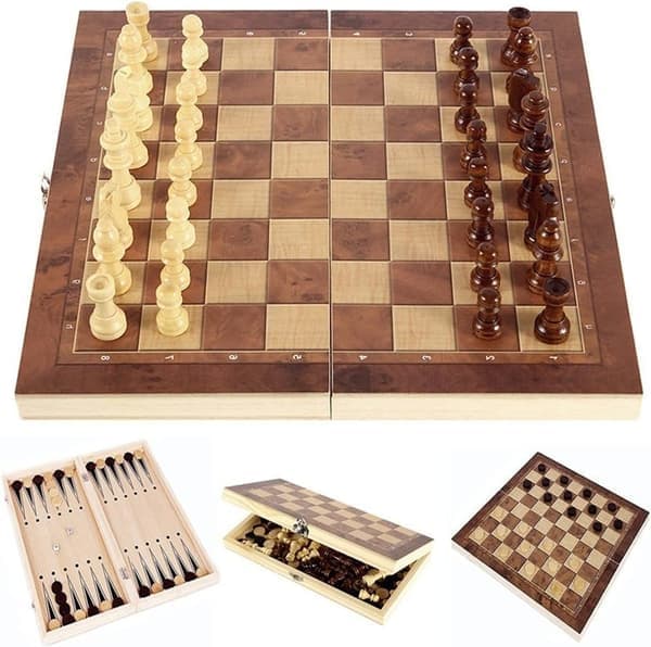 Vikbart schackset i trä – ett tre-i-ett-schackspel för vuxna och barn (backgammon, dam) utsökt schackbräde i trä.