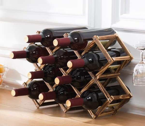 This freestanding stackable wine rack unit is suitable for countertops and cabinets and features a foldable design. One size fits all.