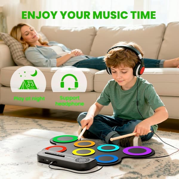 Electronic Drum Set with Built-in Speakers, Practice Pad for Kids, Portable Roll-Up Drum Machine, Birthday and Christmas Gift