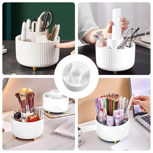 Diesisa 360° Roterende Make-up Børsteholder - 5-rums Organizerkop til Kosmetik & Kunstmaterialer, Hvid Skrivebordsopbevaring