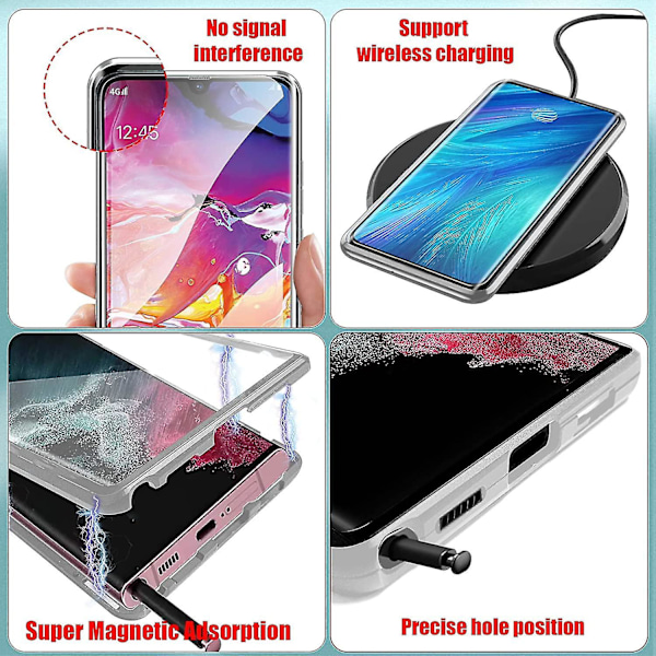 Case för Samsung S22 Ultra, dubbelsidigt phone case i härdat glas med skärmskydd silver silver