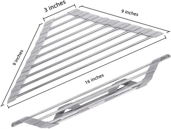 Triangular Roll-Up Dish Drying Rack - Stainless Steel Over Sink Dish Rack - Space Saving Kitchen Organizer for Dishes and Utensils - Grey
