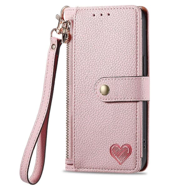 iPhone 16 Pro Håndtaske Etui: Pink Flip Wallet med Lynlåslomme & Kortpladser