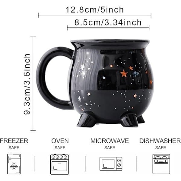 Kaffemugg - 300ml/10oz - Svart keramik - Rolig mugg med häxbrygdstema.