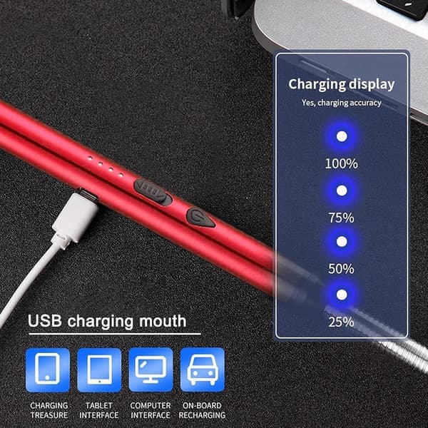 Elektrisk lighter, USB oppladbar buelighter, lang rekkevidde stearinlys lighter for grilling, matlaging, komfyr og camping. Rød