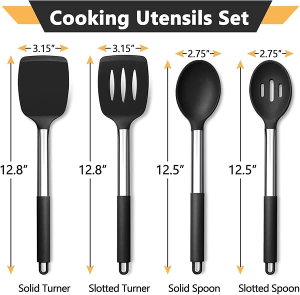 Black Kitchen Utensil Set with 4 Solid Silicone Spatulas, Slotted Spoons, Turners for Non-Stick Cookware, Flipping, Mixing, Heat Resistant
