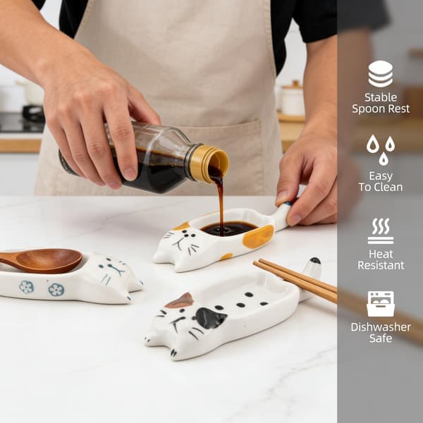 3-pack Cute Cat Ceramic Spoon Rests Small Dishes for Coffee Bar Teaspoons & Jewelry Tray Mini Cat Soap Dish & Spoon Holder for Kitchen Counter