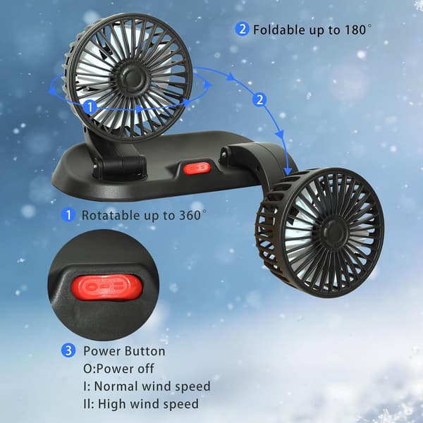 Adjustable Dual Head Car Cooling Fan - Brushless Motor - 2 Speeds, 360° Rotation, for Car Dashboard, Powerful Cooling Solution.