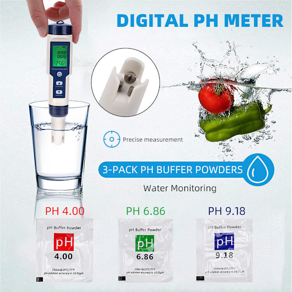Digital PH-värde + TDS-EC Vattenmätare Testare Mätare Akvarium Pool Testare PH0~14; Digital Vatten Testare PH-värde Testare Klor Mätare Mätare