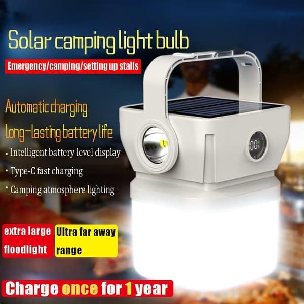 Solar Camping Lamp - 500m Range - 120m² Illumination - With Power Bank & LCD Screen - Waterproof (IPX5)