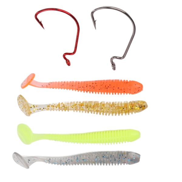 60 st/låda Mjukt bete fiskedrag kit med rostfritt stål vev krokar artificiell T svans PVC mjukt bete drag för basfiske 5cm