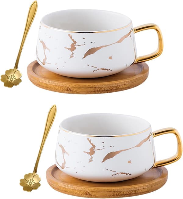10 oz Deluxe Guld Håndaftryk Te- og Kaffekop med Bambus Underkop Sæt (Sæt med 2 Hvide)