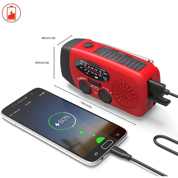 Solcellsradio, AM/FM/NOAA vevradio med 2000 mAh batteri USB uppladdningsbar dynamo radio vattentät, handvev kraftgenerering utomhusradio