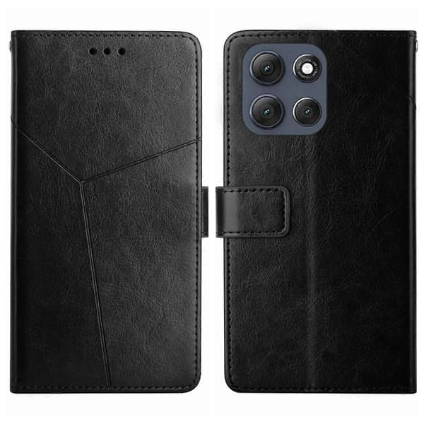 For Motorola Moto G56 5G HT01 Y-shaped Patterned Flip Leather Case Black