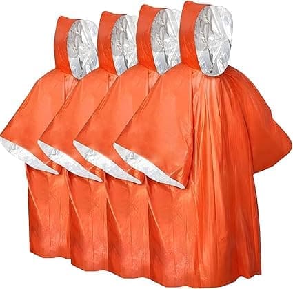 4-pack regnponchos för vuxna med Mylar-filtreringsfoder, vindtäta termiska överlevnadsponchos för camping, räddning
