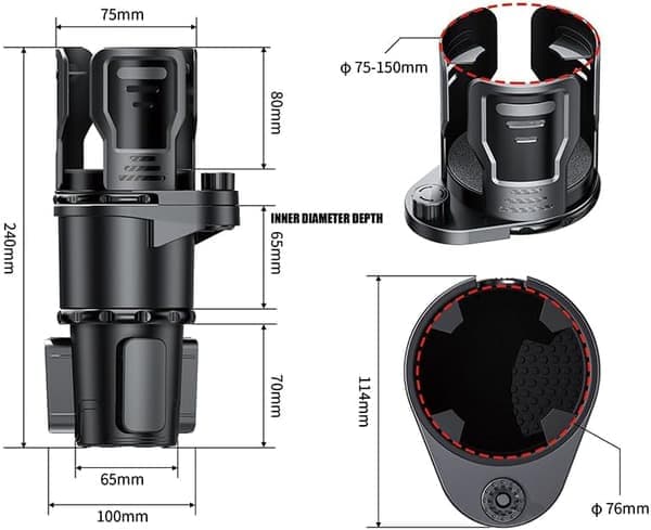 Upgraded Double Cup Holder Expander - 2-in-1 Locking 360° Rotatable Car Drink Holder with Adjustable Base for Large Bottles