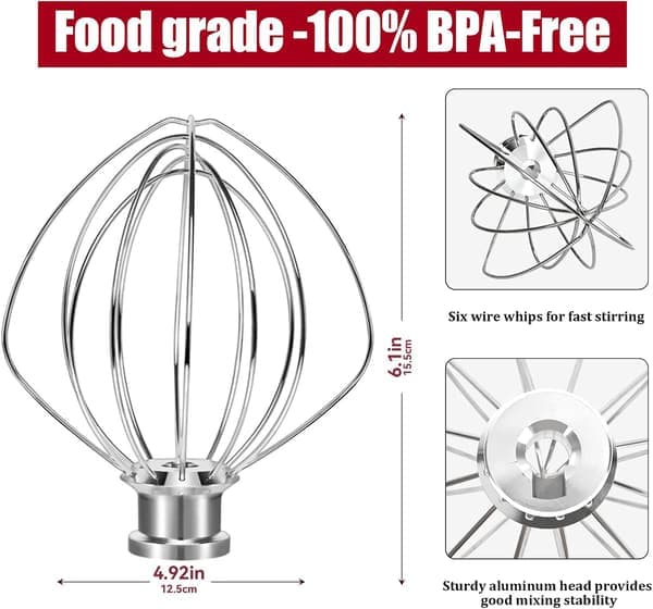 K45WW 6-tråds vispfeste passer til KitchenAid kjøkkenmaskiner med vippehode - for pisking av egg og krem.