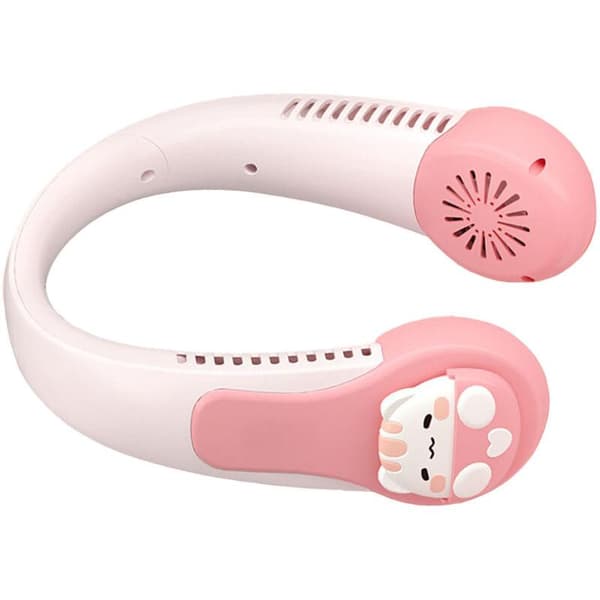 USB Rechargeable Portable Neck Fan - Quiet, Tangle-Free, Built-in Battery - Pink Cat