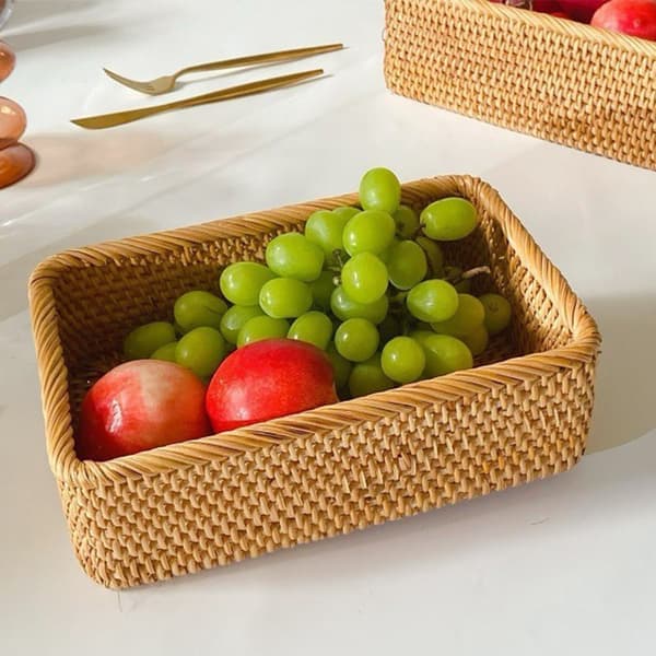 Natural Rattan Fruit Storage Baskets, Rectangular Woven Basket for Key Holder Remote Control