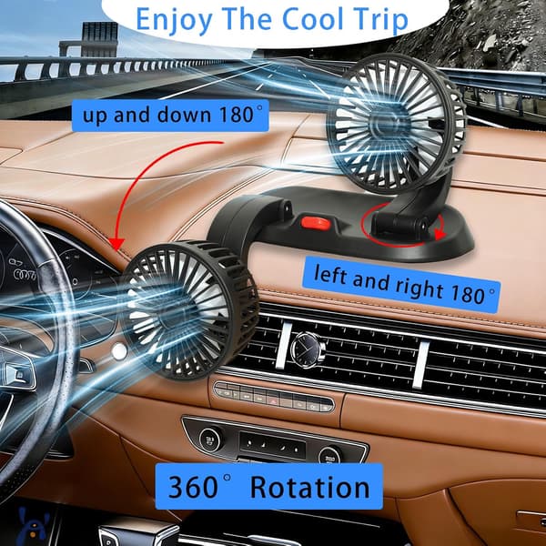 Adjustable Dual Head Car Cooling Fan - Brushless Motor - 2 Speeds, 360° Rotation, for Car Dashboard, Powerful Cooling Solution.