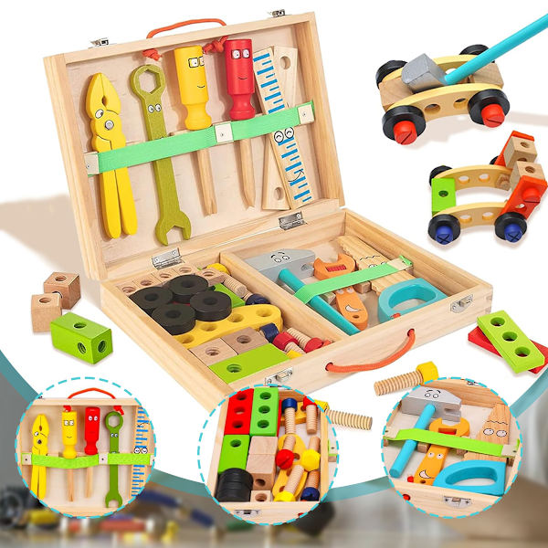 Verktygssats för barn, träverktygssats för småbarn inklusive verktygslåda, Montessori Stem Learning Educational Construction Toys för 3 4 5 6 år gamla pojkar