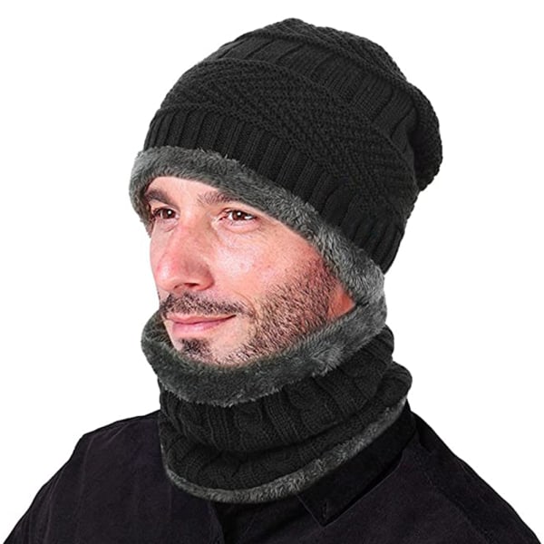 2-delade vintermössa Scarf Set Varm Tjock Stickad Hat Beanie Kepsar Scarfs för kvinnor Män Presenter Svart