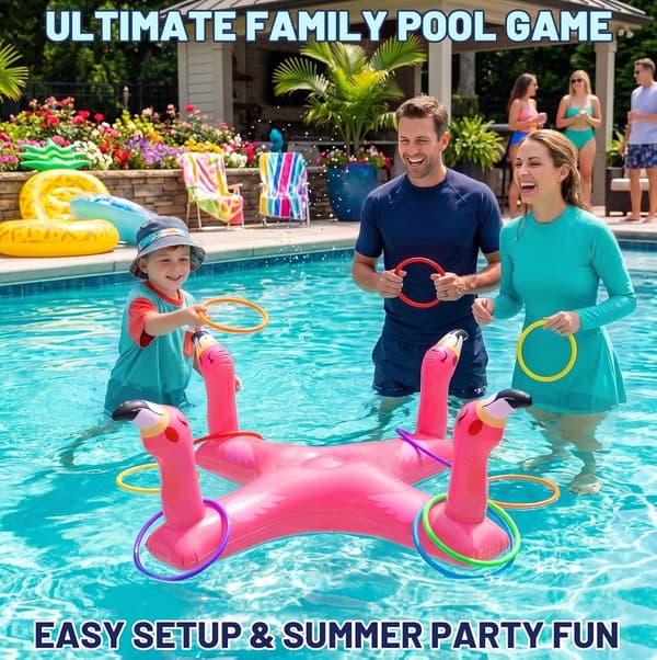 Oppustelige poolringkastespil, haj- og flamingoformede flydende poolringe, inkluderer 6 ringe, perfekt til sommerpoolfester.