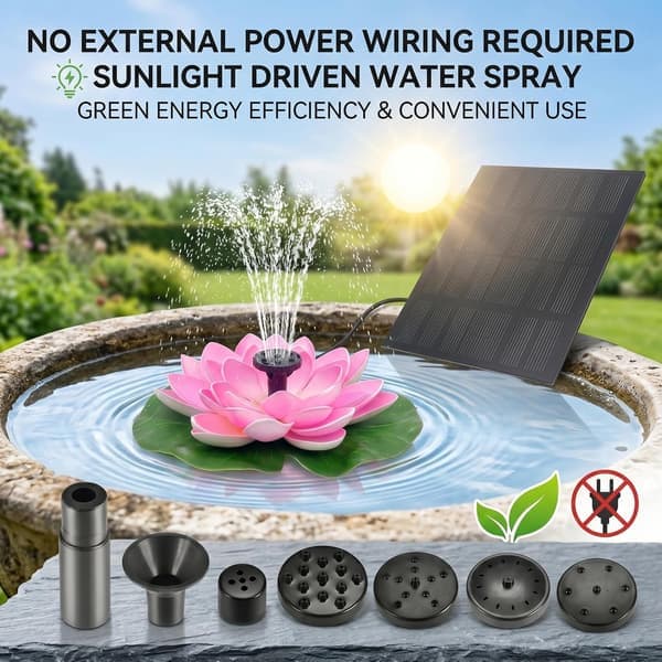 tommer flydende blomster solcelle springvand fuglebad, delt solcellepanel med 6 dyser, lotusdekoration til dam, have, gård, pool vandfunktion