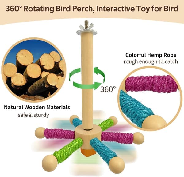 Bird Perch, Rotating Spinner Stand for Parakeets, Cockatiels, Conures, and Small Birds, Fun Cage Activity for Play and Exercise to Relieve Boredom