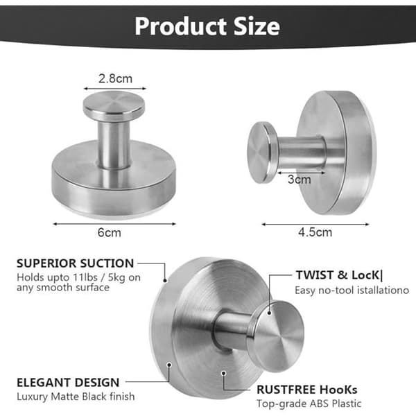 2 Stainless Steel Suction Cup Hooks, Waterproof for Kitchen and Bathroom (Silver) SUCTION CUP