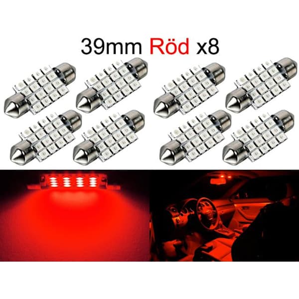 Diodelampe 39mm rød 8-pak Led 2835SMD C5W SV8.5 Rød