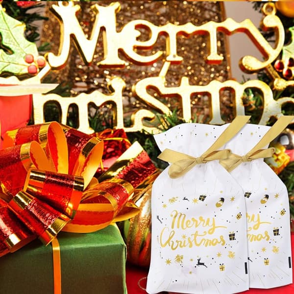 Gyllene God Jul 50 st julväskor med dragsko Julklappspåsar Julklappspåsar Presentförpackning Plastpåse för godis