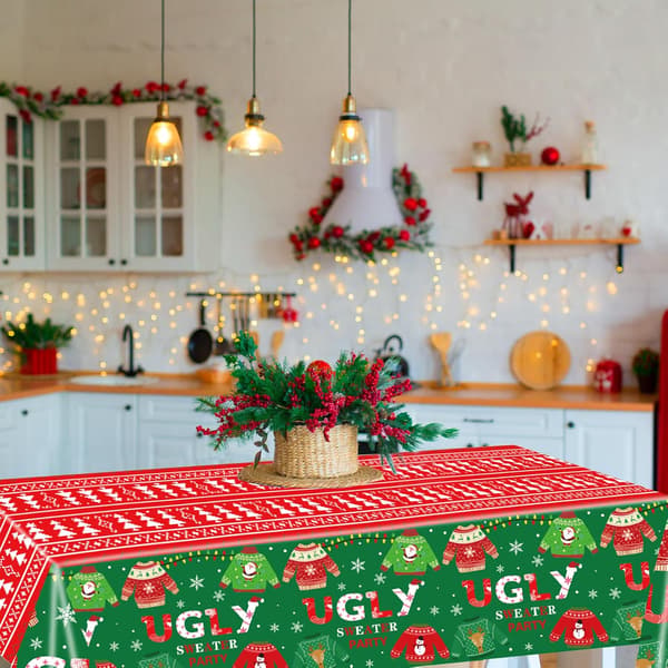 3 stk. juleduker med stygt genser-tema, juleplastduk engangs rektangulær julebordduk for festdekorasjoner med stygt genser-tema