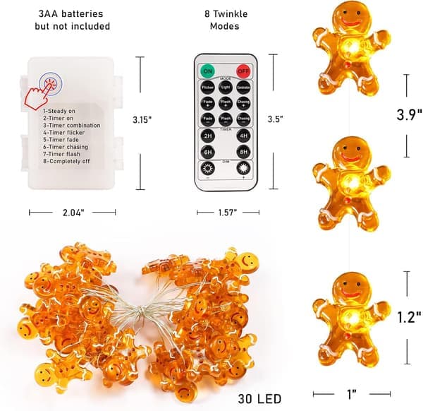 Christmas Decoration Gingerbread Man, 3 Meter 30 LED String Lights, with Remote Control, Suitable for Christmas Decorations.