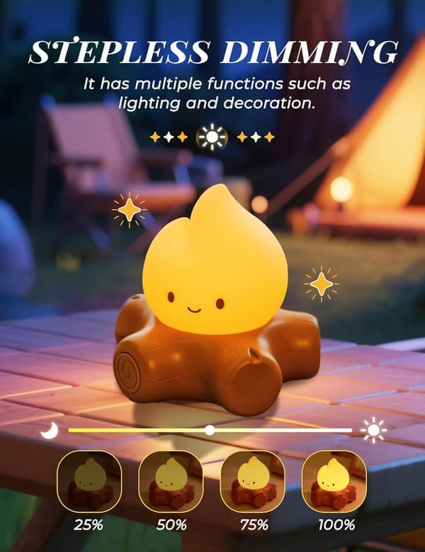 Chibi Campfire Night Light Silicone LED Flickering Flame Light Dimmable Rechargeable Bedside Lamp Anime Kawaii Lamp Decor