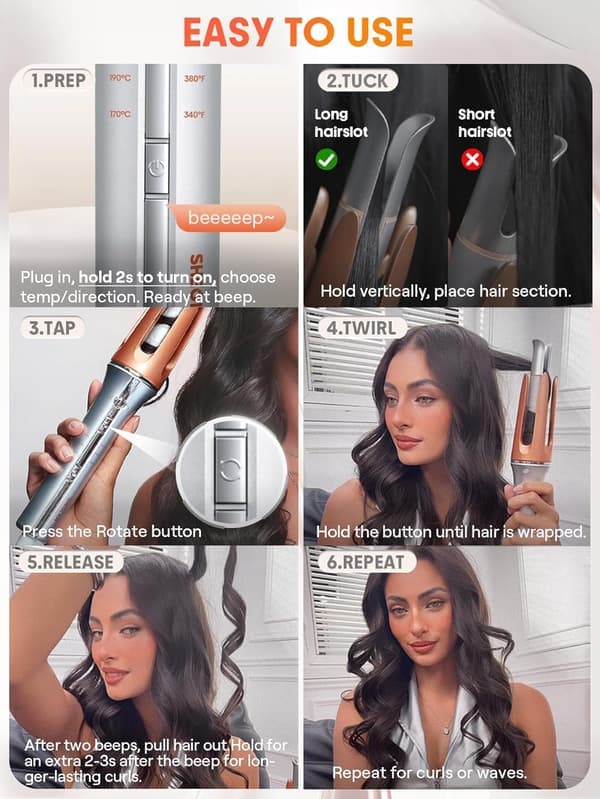 Automatic Rotating Curling Iron - 3 Temperature Settings, Fast Heating, Bidirectional, Anti-Scald, Anti-Tangle & Auto Shut-Off