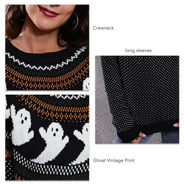 Svart M Halloween Ghost Sweater Halloween Retro Ghost Polka Dot Print Långärmad Crewneck Stickad Tröja för Kvinnor