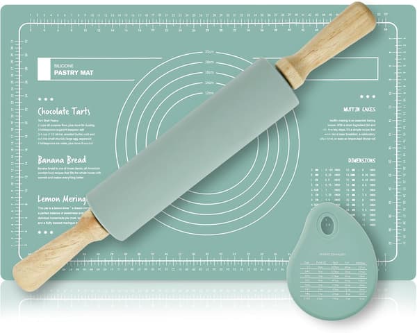 Silikon Bakematte Sett med Kjevle og Deigskrape Varmebestandig Silikon Bakeplate Nonstick Rektangulær Kakematte for Pizzadeig (grønn)