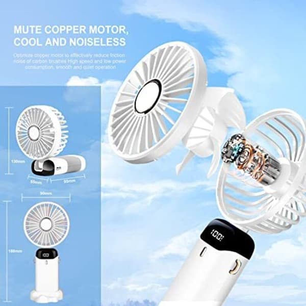 Mini bærbar ventilator. Leveres med en aromaterapiplade og et strømkabel (hvid).