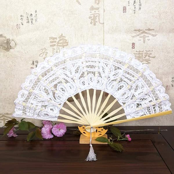 Handmade Foldable Cotton Lace Hand Fan for Party Wedding Decoration (White)
