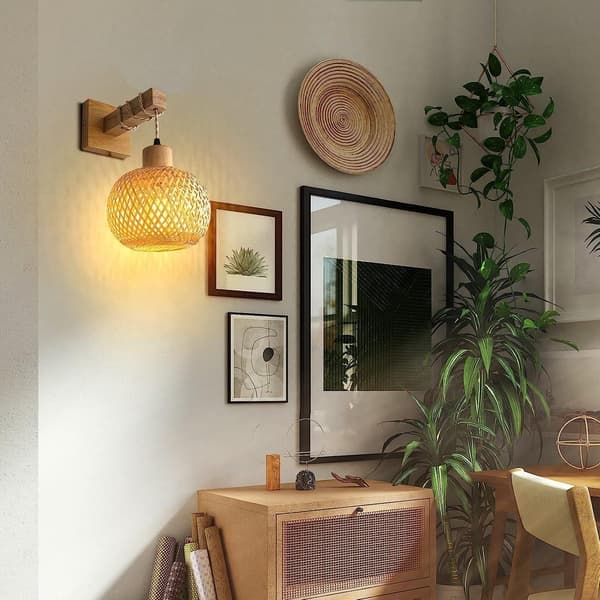 Wall Lamp, Bedroom Lighting, Rustic Wall Sconce, Indoor Wall Mounted Fixture, Boho Bedside Lamp for Living Room (Rattan)