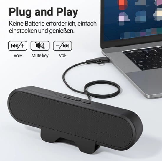 Mini bærbar højttaler / soundbar, 10 watt, USB-interface, kompatibel med bærbare computere, sort.