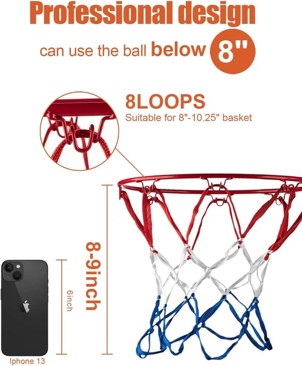 2 stk. basketballnet, erstatningsnet til indendørs og udendørs sport, vævede trefarvede net