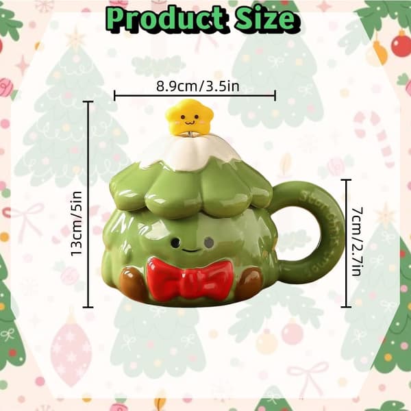 Christmas Tree Mug with Lid and Spoon, 420ml Cute Tree Shaped Mug with Bow, Festive Ceramic Coffee Mug, Christmas Gift.